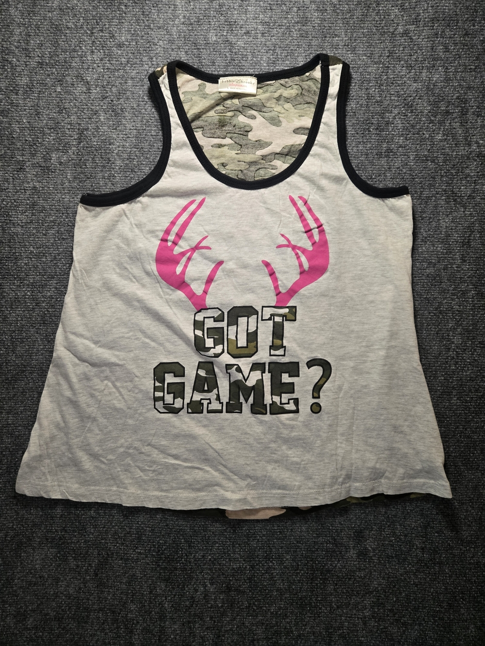 Bobbie Brooks White Tank with Pink Antlers and Camo Text
